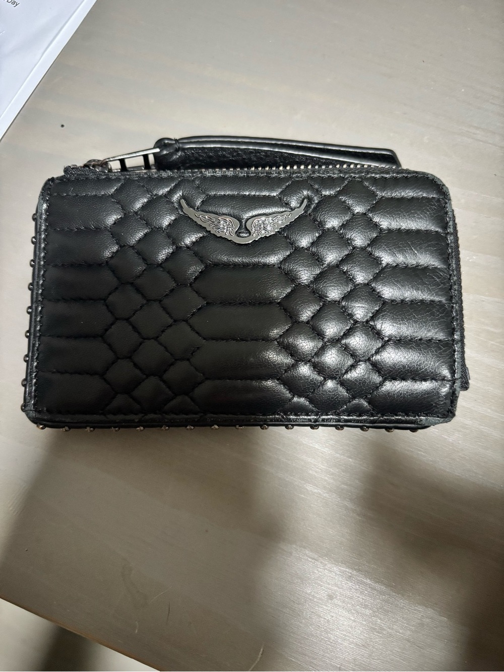 Zadig & Voltaire Black Quilted Leather Zip Wallet with Wing Emblem